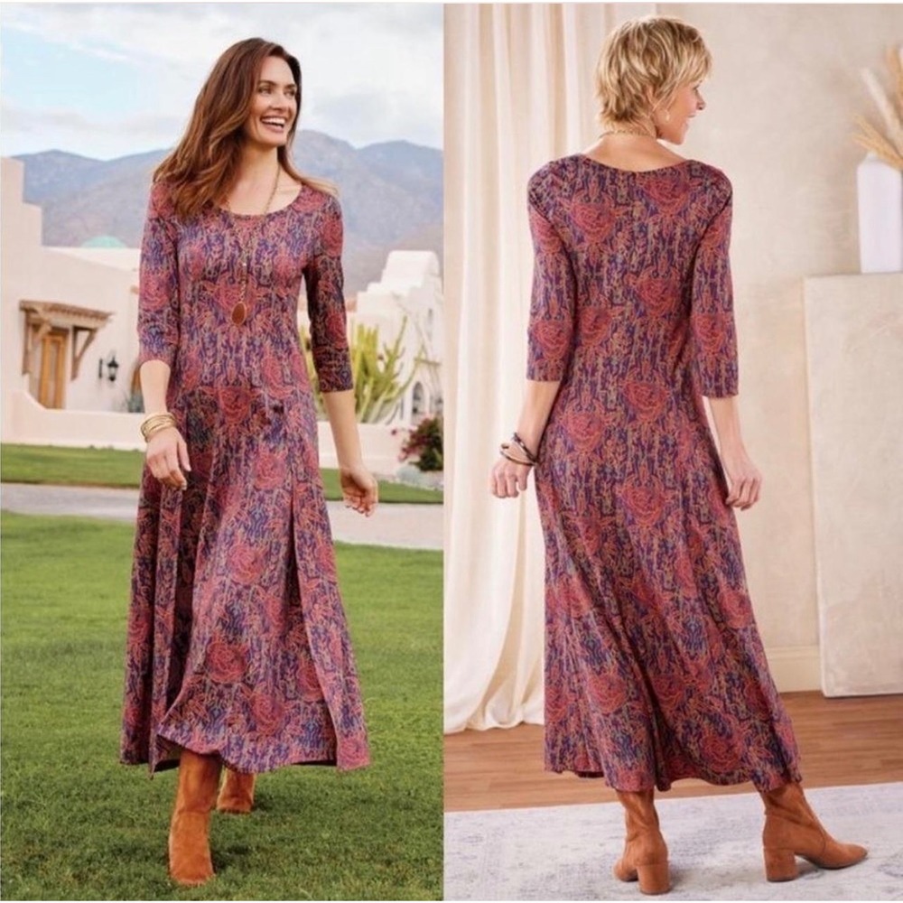 Soft Surroundings Alcott Floral Rose Print Maxi Dress Medium‎ BOHO 3/4 Sleeves